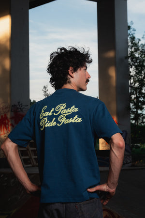 T-shirt Eat Pasta Ride Fasta Blue